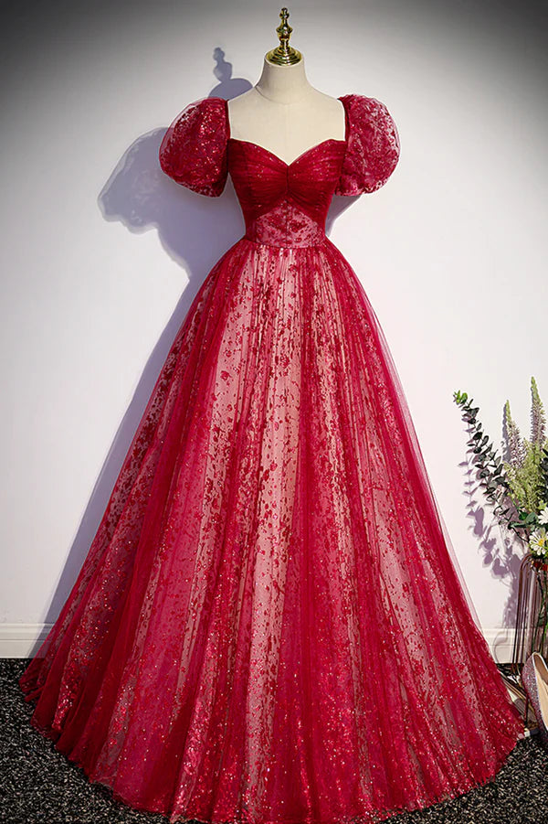 Wholesale Burgundy Tulle Long Prom Dress with Sequins A-Line Short Sleeve Evening Dress